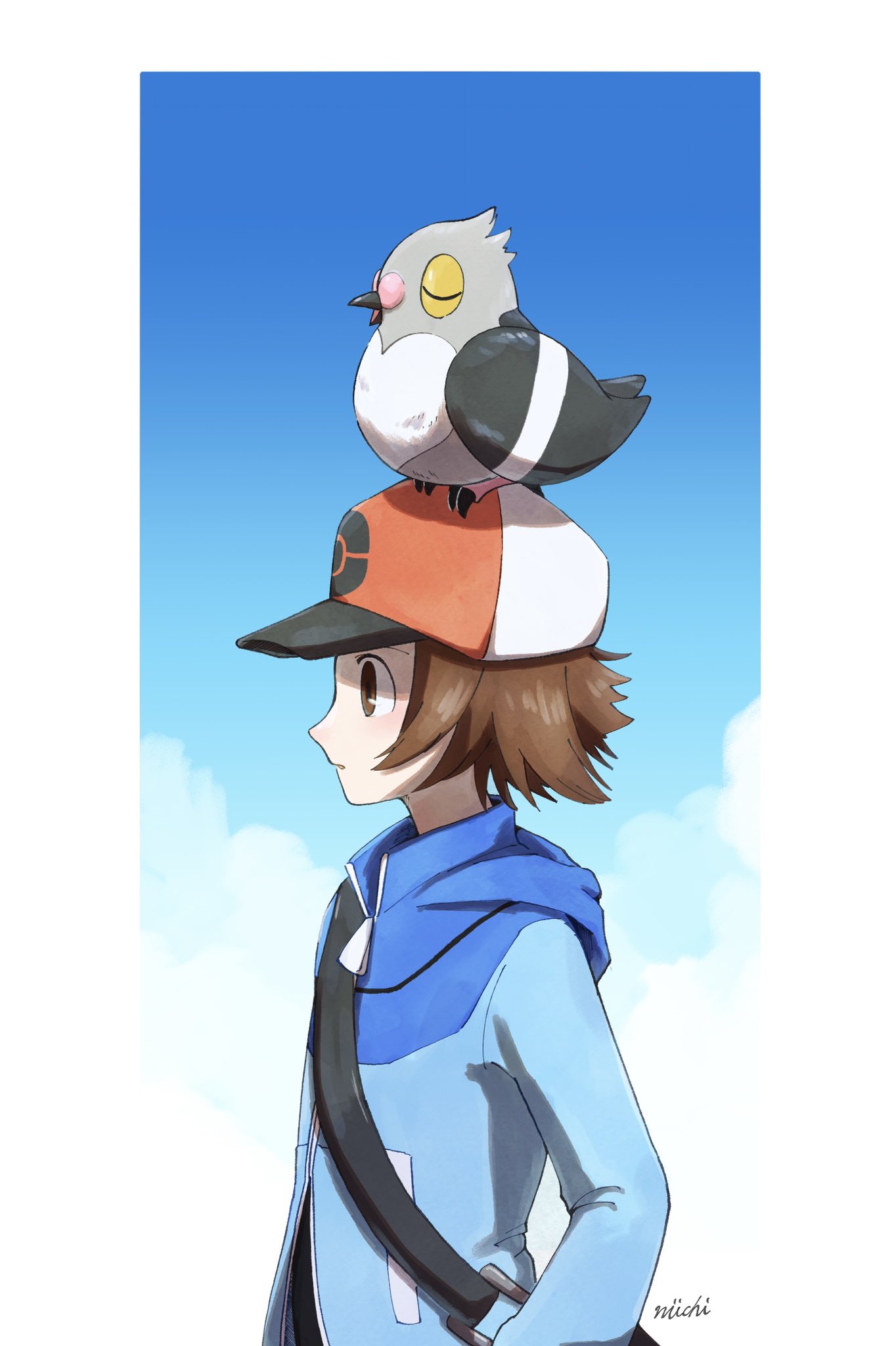 1boy bag baseball_cap bird blue_jacket border brown_eyes brown_hair closed_mouth from_side hat highres hilbert_(pokemon) hood hooded_jacket jacket male_focus niiichi_21pk on_head pidove pokemon pokemon_(creature) pokemon_(game) pokemon_bw pokemon_on_head short_hair shoulder_bag signature white_border zipper_pull_tab