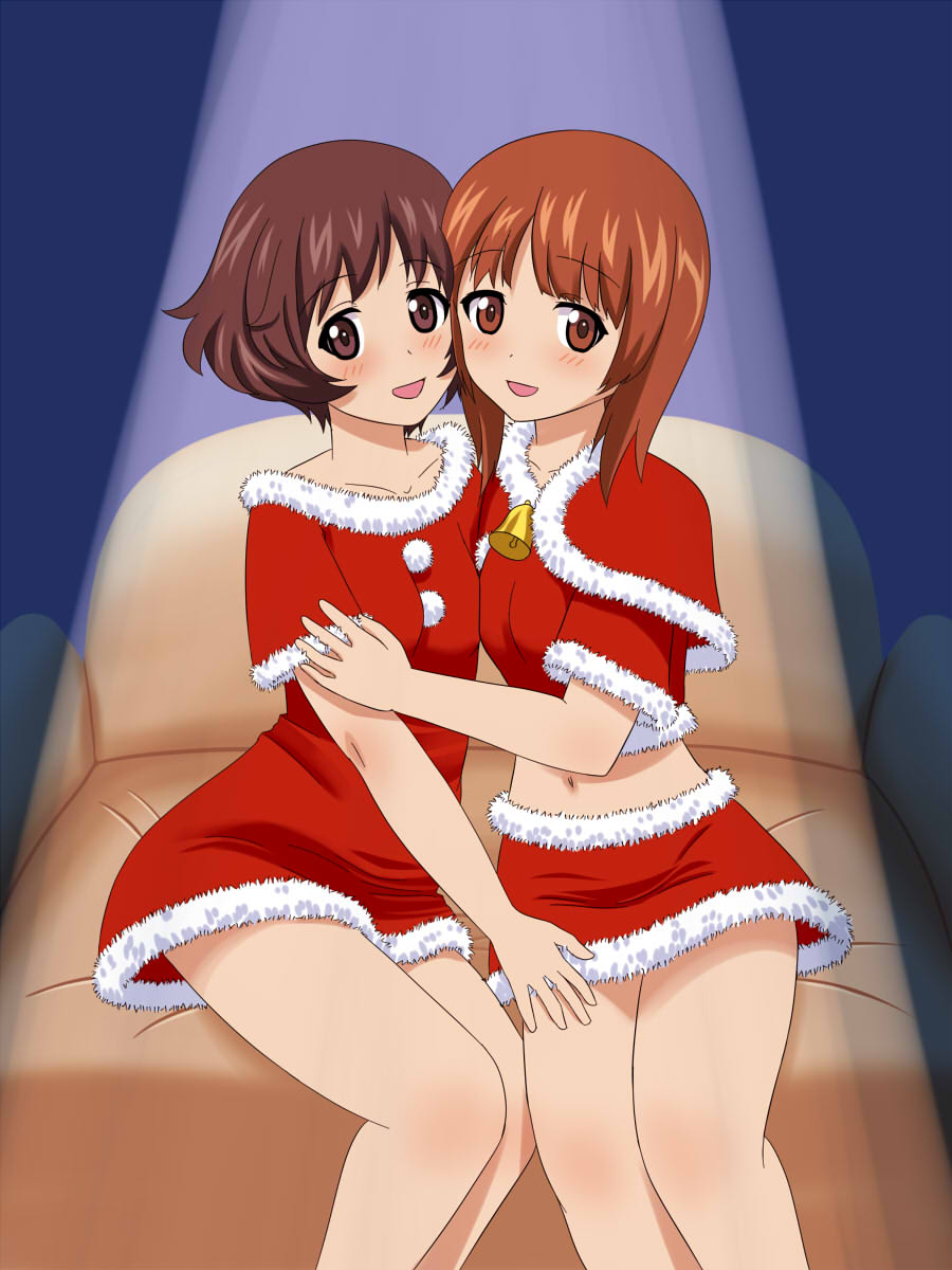 2girls akiyama_yukari alternate_costume armchair bangs bell blush brown_eyes brown_hair capelet chair cheek-to-cheek commentary_request doutanuki dress eyebrows_visible_through_hair fur-trimmed_capelet fur-trimmed_dress fur-trimmed_shirt fur-trimmed_skirt fur_trim girls_und_panzer heads_together highres hug looking_at_viewer messy_hair midriff miniskirt multiple_girls navel neck_bell nishizumi_miho on_chair open_mouth partial_commentary red_capelet red_shirt red_skirt santa_costume santa_dress shirt short_dress short_hair short_sleeves side-by-side skirt smile