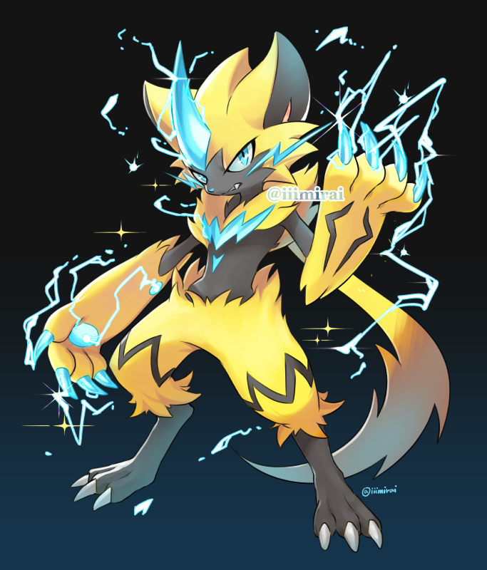 blue_eyes claws electricity fang full_body furry iiimirai looking_at_viewer pokemon pokemon_(creature) snout solo standing zeraora
