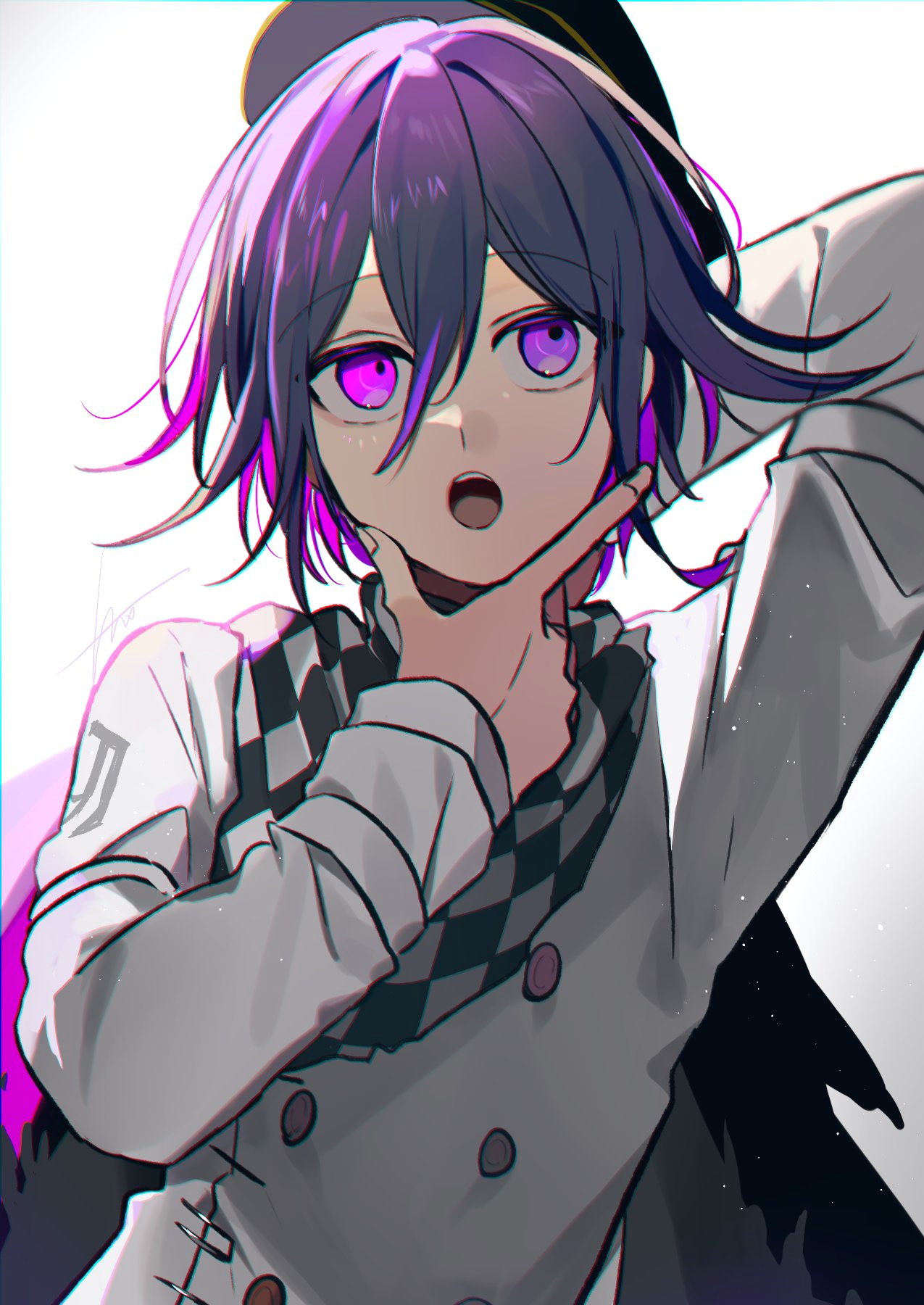 1boy :o bangs black_cape black_headwear black_scarf buttons cape checkered_clothes checkered_scarf commentary_request danganronpa_(series) danganronpa_v3:_killing_harmony double-breasted eyebrows_visible_through_hair grey_background grey_jacket grey_scarf hair_between_eyes hand_up highres huyuharu0214 jacket long_sleeves male_focus multicolored_hair ouma_kokichi pink_eyes purple_hair scarf shiny shiny_hair short_hair signature simple_background smile teeth tongue torn_cape torn_clothes two-tone_hair two-tone_hiar upper_body upper_teeth