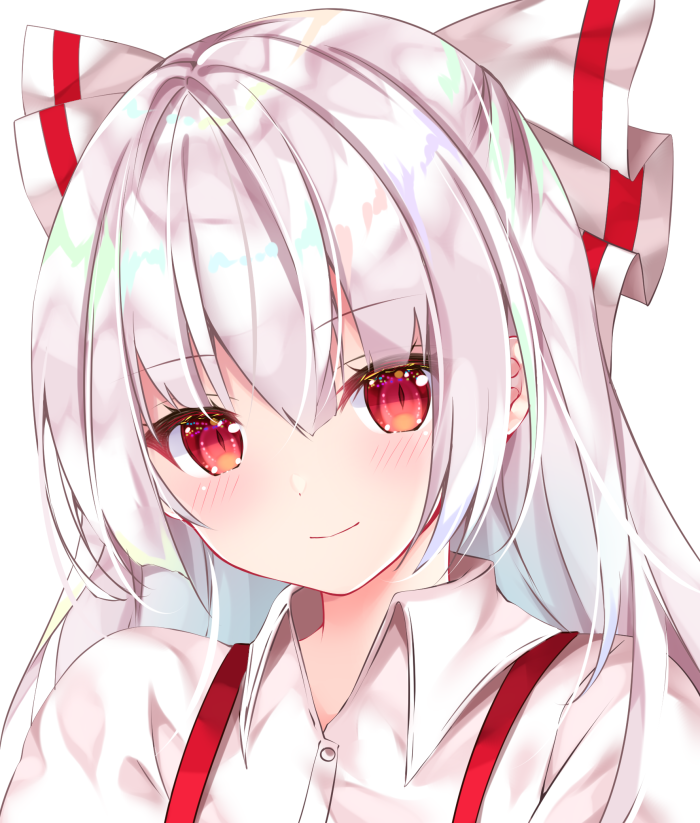 1girl bangs blush bow buttons closed_mouth collared_shirt commentary_request dot_nose eyebrows_visible_through_hair eyelashes fujiwara_no_mokou hair_bow long_hair looking_at_viewer nanase_nao portrait red_eyes shiny shiny_hair shirt sidelocks silver_hair simple_background slit_pupils smile solo standing suspenders touhou two-tone_bow upper_body white_background white_shirt wing_collar
