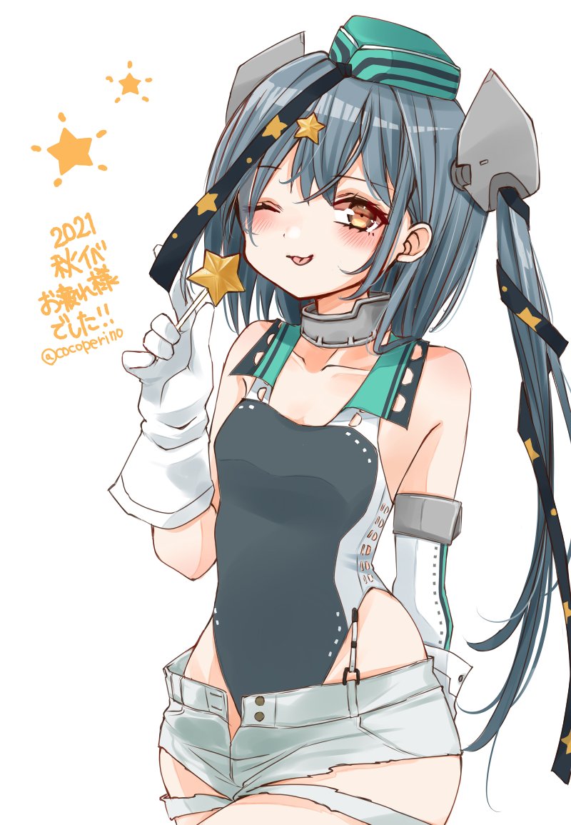 1girl aqua_headwear black_ribbon black_swimsuit candy cocoperino commentary_request competition_swimsuit cowboy_shot food garrison_cap gloves grey_eyes grey_hair hair_ornament hair_ribbon hat highleg highleg_swimsuit kantai_collection lollipop long_hair one-piece_swimsuit ribbon scamp_(kancolle) short_shorts shorts side_ponytail simple_background solo star_(symbol) star_hair_ornament swimsuit torn_clothes translation_request white_background white_gloves white_shorts