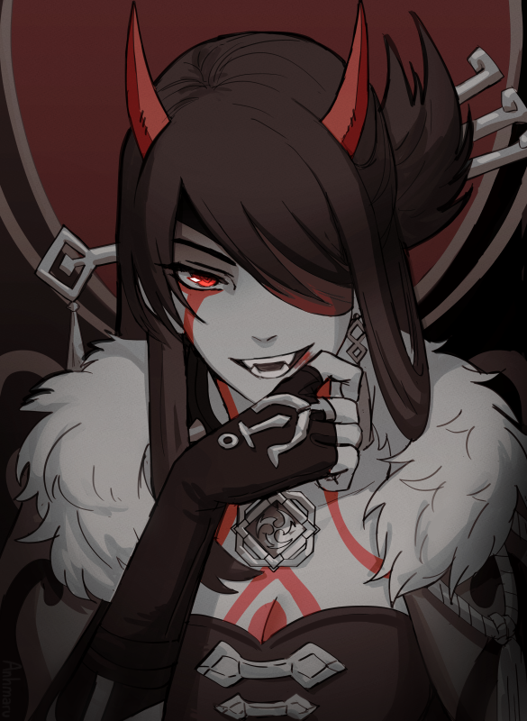 1girl anhmaruwu beidou_(genshin_impact) brown_hair chest_tattoo commentary earrings english_commentary eyepatch facial_tattoo fangs fingerless_gloves fur_collar genshin_impact gloves horns jewelry long_hair looking_at_viewer neck_tattoo oni oni_horns open_mouth solo tattoo teeth upper_body