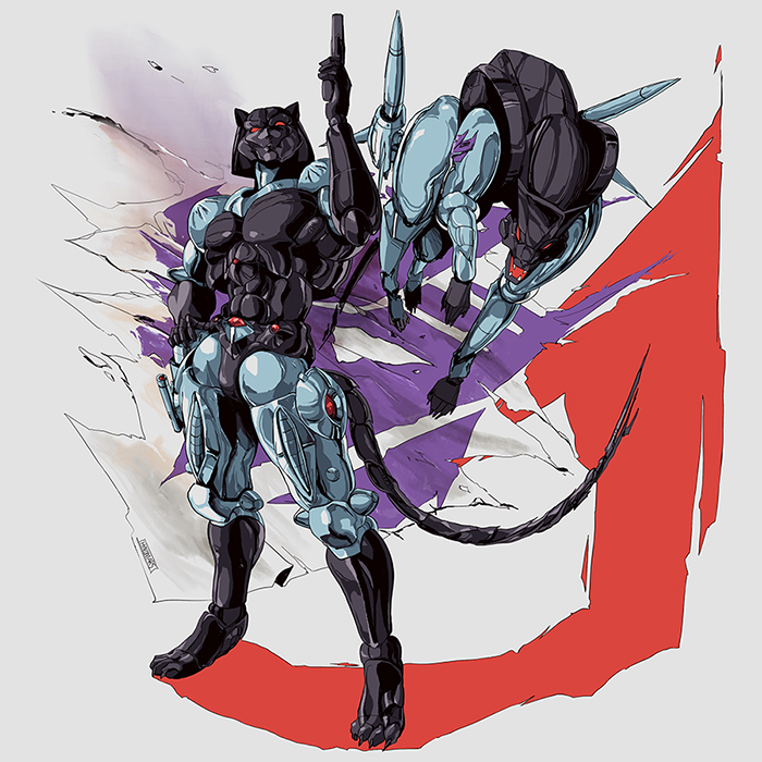 beast_wars beast_wars:_transformers decepticon english_commentary fangs gun hinomars19 holding holding_gun holding_weapon looking_at_viewer mecha no_humans open_mouth ravage red_eyes reward_available science_fiction smile solo_focus standing transformers weapon