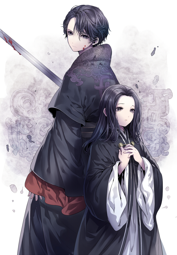 2boys arm_at_side back-to-back bangs black_hair black_robe blood blood_on_face blood_on_weapon bun-o child chinese_clothes debris dual_persona feet_out_of_frame forehead hair_between_eyes hanfu juuni_kokuki layered_sleeves long_hair long_sleeves looking_at_viewer looking_back male_focus medium_hair multiple_boys own_hands_together robe sash short_hair short_over_long_sleeves short_sleeves standing swept_bangs sword taiki_(juuni_kokuki) unsheathed w_arms weapon white_background wide_sleeves