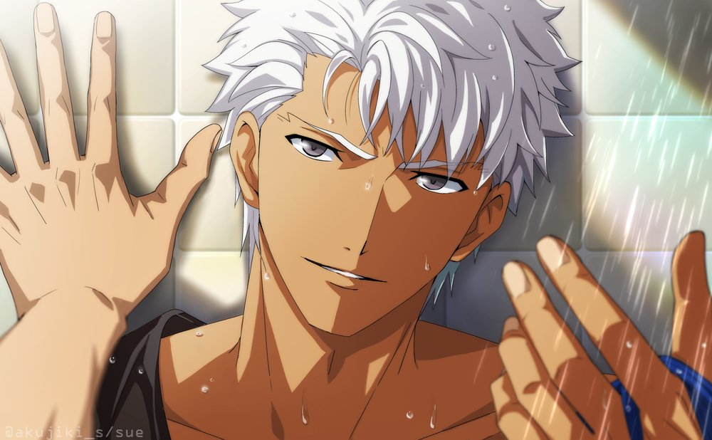 2boys akujiki59 archer_(fate) bathroom blue_hair clothed_bath cu_chulainn_(fate) dark-skinned_male dark_skin fate/grand_order fate/stay_night fate_(series) grey_eyes hand_on_wall implied_yaoi kabedon looking_at_viewer male_focus multiple_boys open_mouth pov short_hair shower_(place) smile tile_wall tiles upper_body wet white_hair