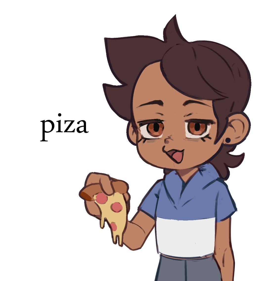 1girl amba_si brown_hair dark-skinned_female dark_skin earrings food hand_up holding holding_food holding_pizza jewelry luz_noceda medium_hair open_mouth pizza pizza_slice short_sleeves simple_background smile solo the_owl_house upper_body white_background
