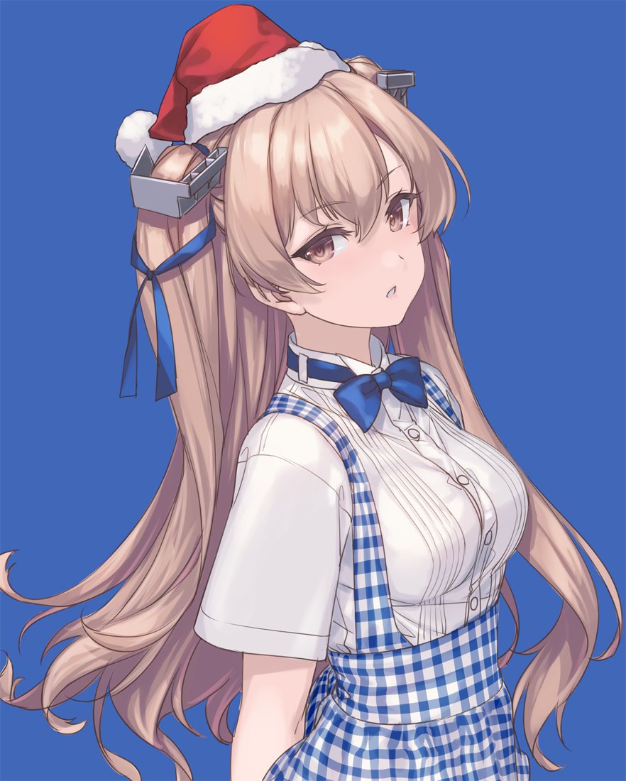 1girl apron arms_behind_back blue_background blue_bow blue_bowtie blue_ribbon bow bowtie brown_eyes brown_hair dated eyebrows_visible_through_hair gingham gingham_apron gingham_skirt hair_ribbon hat johnston_(kancolle) kantai_collection long_hair looking_at_viewer parted_lips ribbon rokuwata_tomoe santa_hat shirt standing twintails twitter_username upper_body white_shirt