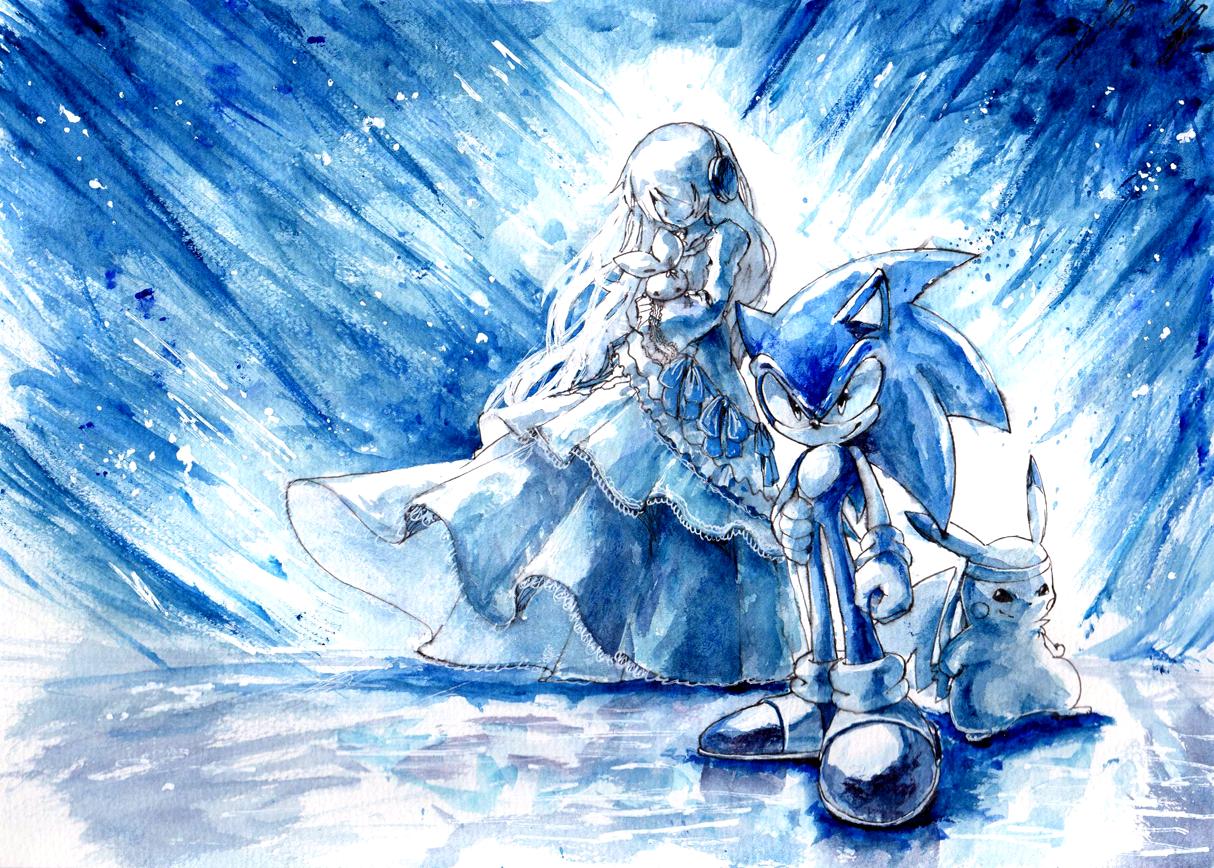 1boy 1girl blue_theme crossover dress full_body gloves headband headphones holding long_dress long_hair long_sleeves looking_at_viewer original painting_(medium) pikachu pokemon pokemon_(creature) rasein shoes smile sneakers sonic_(series) sonic_the_hedgehog standing traditional_media watercolor_(medium)