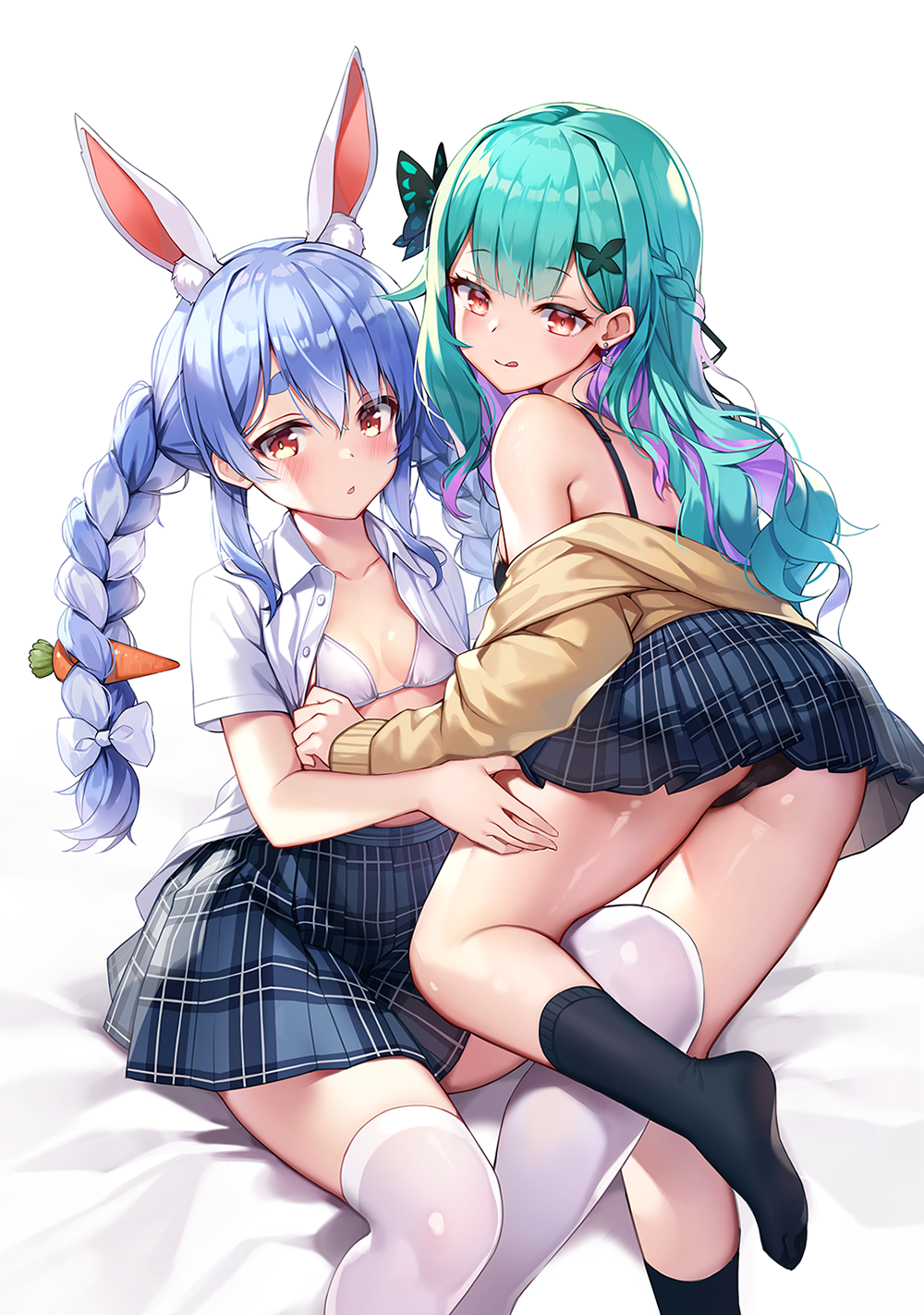 2girls :q animal_ear_fluff animal_ears bangs black_bra black_legwear black_panties blue_hair blue_skirt blush bow bra braid breasts brown_jacket butterfly_hair_ornament carrot_hair_ornament collared_shirt commentary_request earrings extra_ears eyebrows_visible_through_hair food-themed_hair_ornament green_hair hair_behind_ear hair_bow hair_ornament hand_on_another's_thigh heart heart_earrings highres hololive jacket jewelry multicolored_hair multiple_girls no_shoes off_shoulder open_clothes open_shirt panties parted_lips plaid plaid_skirt pleated_skirt purple_hair rabbit_ears red_eyes reddizen shirt sitting skirt small_breasts socks thick_eyebrows thigh-highs tongue tongue_out twin_braids twintails two-tone_hair underwear uruha_rushia usada_pekora virtual_youtuber white_bow white_bra white_legwear white_shirt