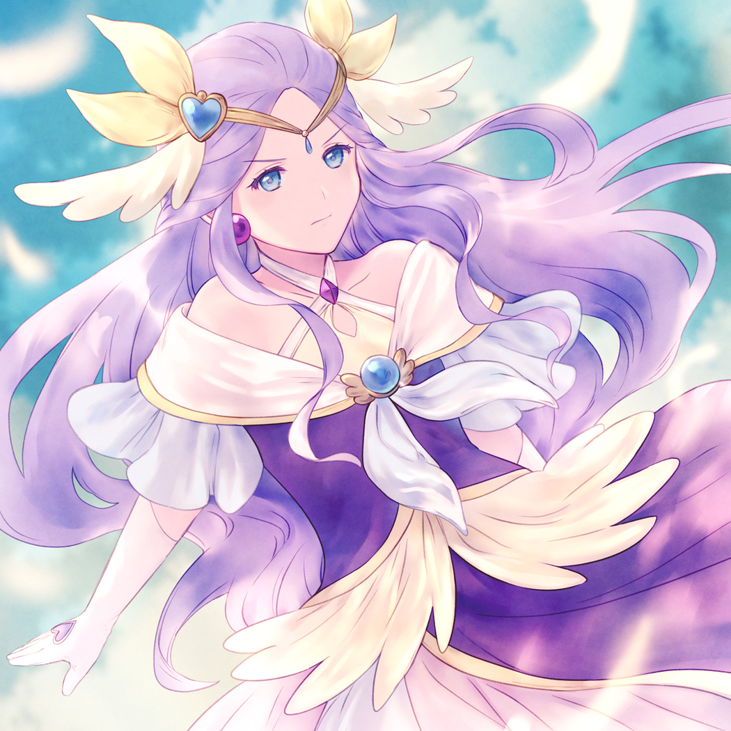 1girl bare_shoulders blue_sky breasts brooch clouds cloudy_sky commentary cowboy_shot criss-cross_halter cure_earth day dress earrings elbow_gloves eyebrows feathers forehead fuurin_asumi gloves grass halterneck healin'_good_precure jewelry looking_at_viewer medium_breasts necklace outdoors precure purple_dress purple_hair sky smile standing tiara tukune violet_eyes white_gloves wings