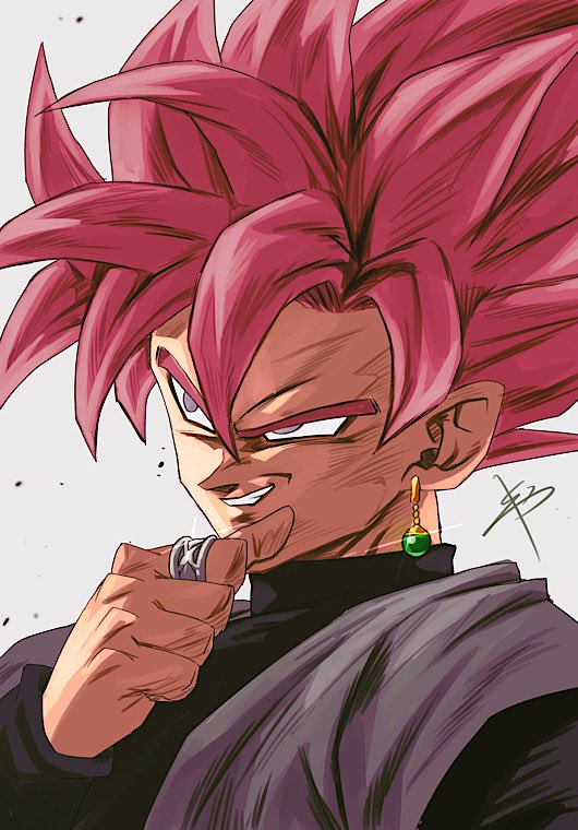 1boy dragon_ball dragon_ball_super earrings evil_grin evil_smile glint goku_black grey_background grin hair_between_eyes jewelry male_focus pink_hair reeya ring signature simple_background single_earring smile solo spiky_hair upper_body violet_eyes