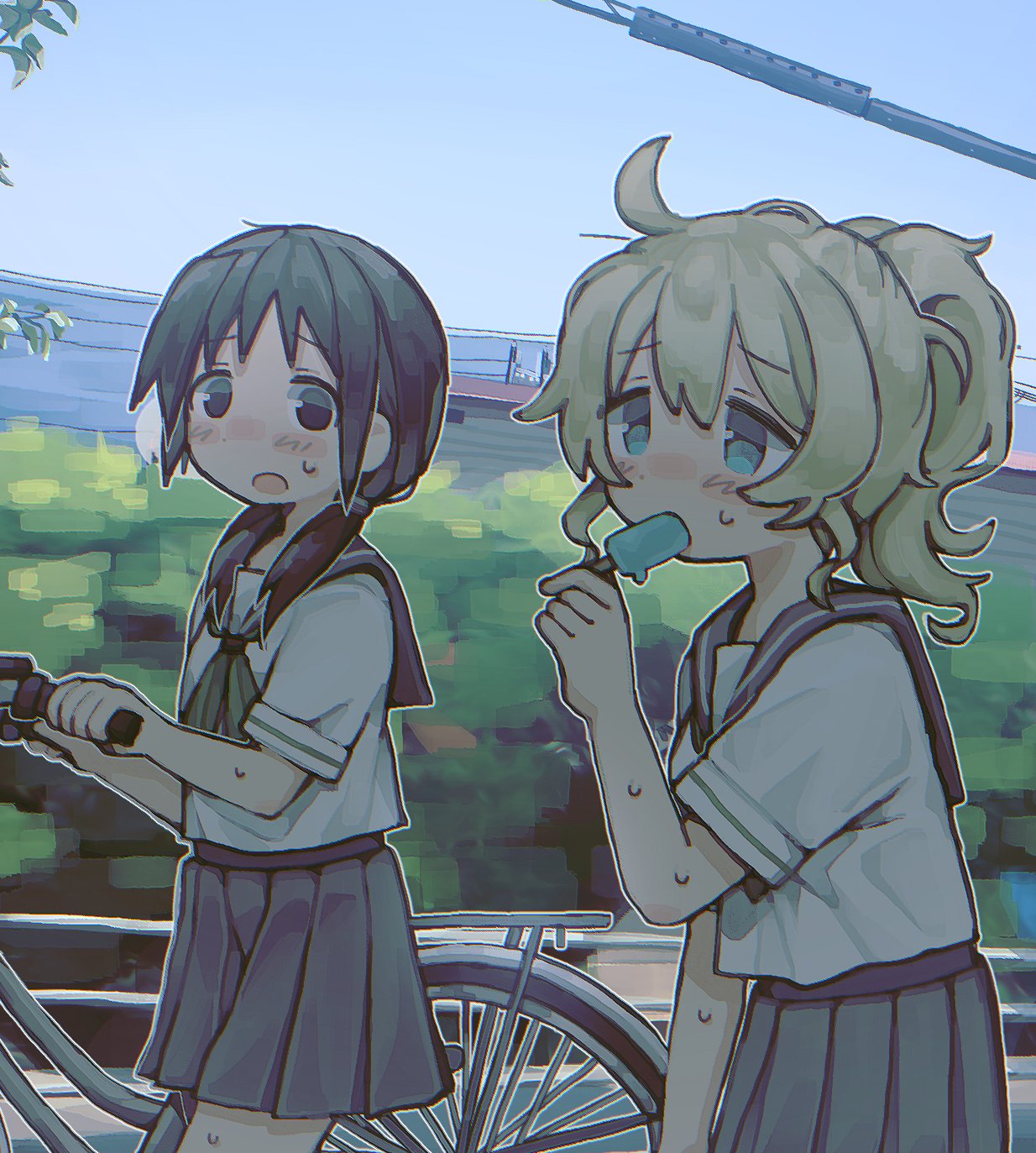 2girls ahoge alternate_costume bicycle black_hair black_skirt blonde_hair blush chito_(shoujo_shuumatsu_ryokou) day eyebrows_visible_through_hair food food_in_mouth green_neckerchief ground_vehicle highres long_hair looking_at_another looking_away low_twintails multiple_girls neckerchief open_mouth outdoors pleated_skirt popsicle popsicle_in_mouth rnfhv school_uniform short_hair short_ponytail short_sleeves shoujo_shuumatsu_ryokou skirt sweat twintails yuuri_(shoujo_shuumatsu_ryokou)