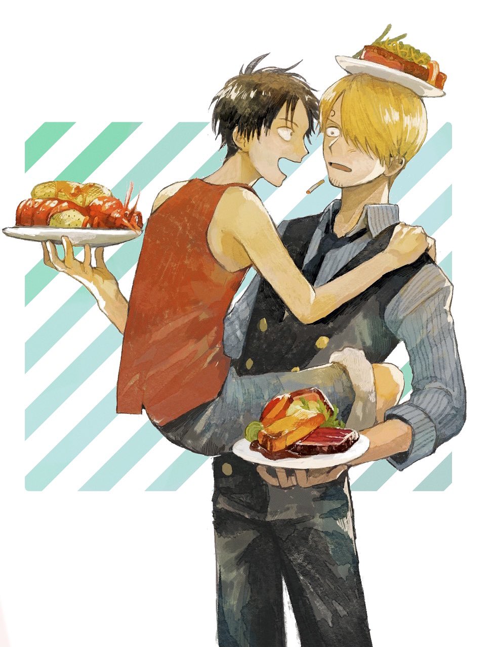 2boys :d black_hair blonde_hair cigarette dish facial_hair food food_on_head hair_over_one_eye highres holding holding_plate male_focus monkey_d._luffy multiple_boys object_on_head one_piece open_mouth plate sanji simple_background sleeveless sleeves_rolled_up smile vest yashi_vv