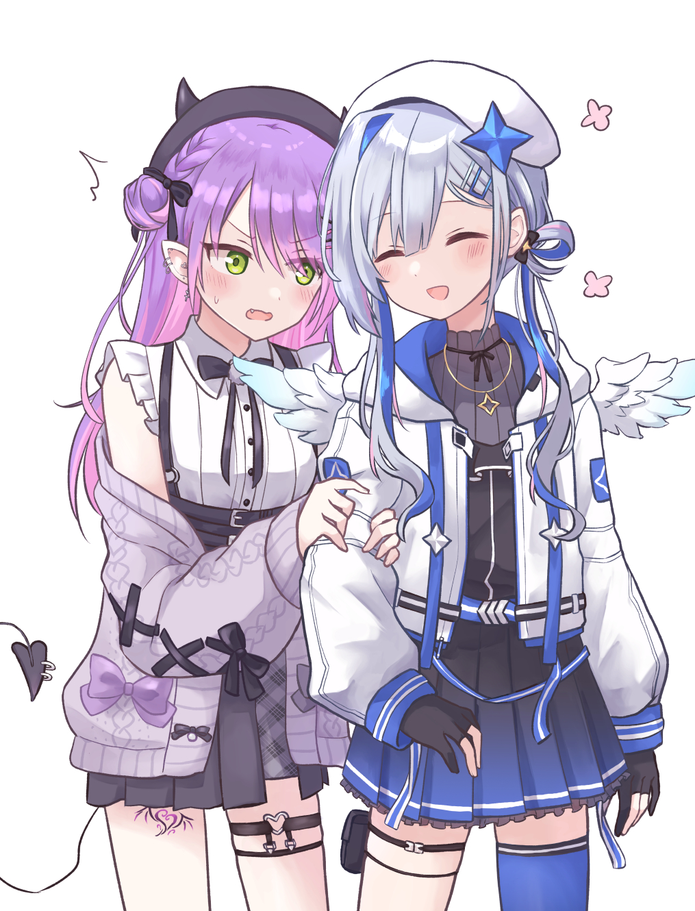 2girls :d ^^^ amane_kanata angel_wings asymmetrical_legwear bangs beret black_ribbon black_skirt blue_hair blue_skirt blush cardigan closed_eyes collared_shirt colored_inner_hair commentary demon_girl ear_piercing feathered_wings flower_(symbol) frilled_shirt frills gloves gradient gradient_skirt gradient_wings green_eyes grey_cardigan hair_between_eyes hair_ornament hat high-waist_skirt highres hitsuji_nata holding_another's_arm hololive jewelry long_hair long_sleeves looking_at_another multicolored_hair multicolored_wings multiple_girls necklace off-shoulder_jacket off_shoulder open_cardigan open_clothes partially_fingerless_gloves piercing pointy_ears puffy_long_sleeves puffy_sleeves purple_hair ribbon shirt short_hair short_sleeves side_bun silver_hair single_thighhigh skirt smile star_(symbol) star_hair_ornament star_necklace streaked_hair tail thigh-highs thigh_pouch thigh_strap tokoyami_towa virtual_youtuber white_shirt wings