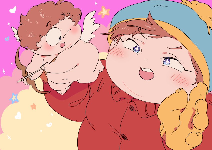 1boy angel_wings arrow_(projectile) be_(ronironibebe) beanie bow_(weapon) brown_hair cupid cupid_me eric_cartman gloves hat heart heart_arrow holding holding_bow_(weapon) holding_weapon jacket one_eye_closed red_jacket short_hair smile south_park star-shaped_pupils star_(symbol) symbol-shaped_pupils weapon wings