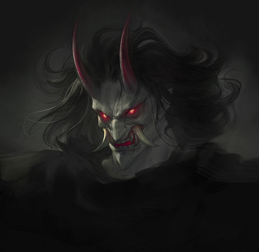 1boy black_hair colored_sclera colored_skin fangs floating floating_hair glowing glowing_eyes grey_hair grey_sclera grey_skin horns long_hair male_focus multicolored_hair nat_the_lich oni oni_horns open_mouth original painterly pointy_ears red_eyes red_horns slit_pupils solo streaked_hair teeth torn torn_clothes tusks