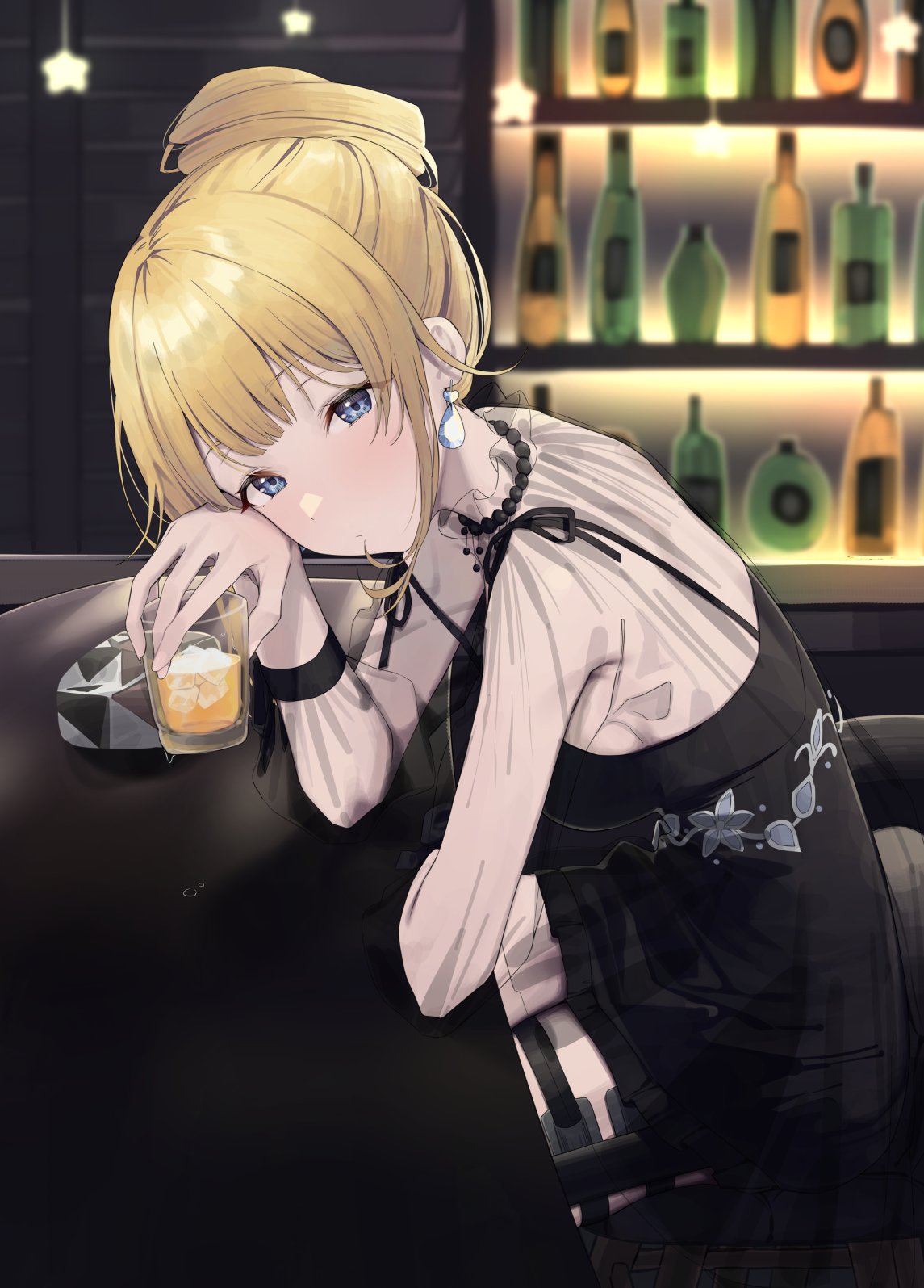 1girl alcohol bar blonde_hair blue_eyes counter dress earrings eyebrows_visible_through_hair glass hair_bun highres hololive hololive_english holster jewelry looking_at_viewer necklace see-through see-through_dress see-through_sleeves sitting solo syhan thigh_holster virtual_youtuber watson_amelia