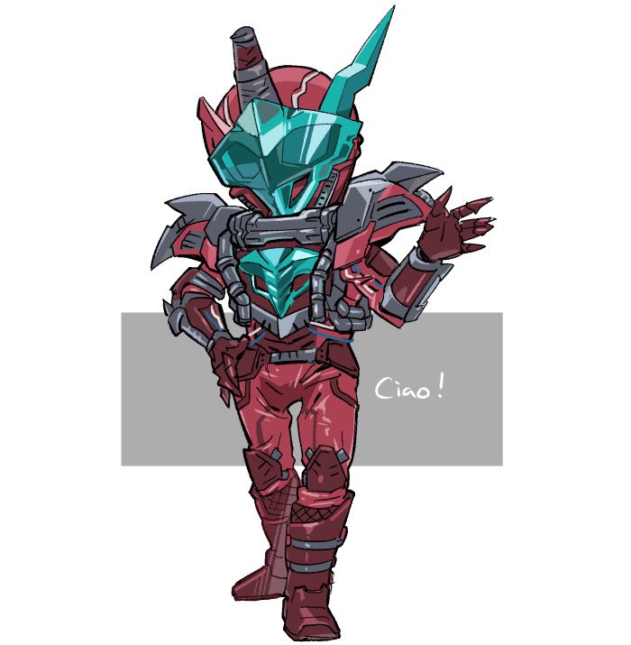 1boy armor blood_stalk blue_eyes blue_horns boots catchphrase chibi cobra_(animal) cowboy_shot english_text evil gloves hand_on_hip horns jumpsuit kamen_rider kamen_rider_build_(series) looking_at_viewer male_focus red_armor red_footwear red_gloves single_horn unizo_(kukk) vest wire