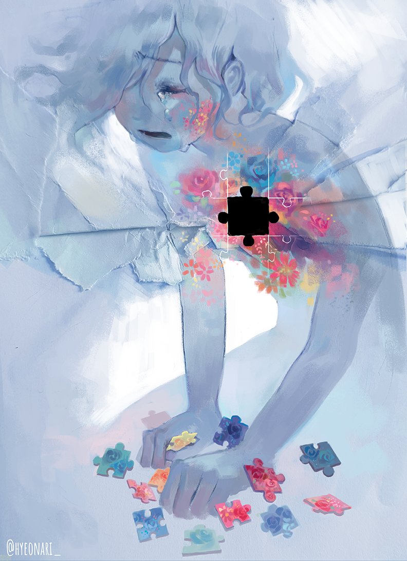 androgynous arm_support blue_hair blue_skin clenched_hands closed_eyes colored_skin commentary_request completely_nude crying facial_mark flower hair_over_one_eye holding hyeonari korean_commentary nude one_eye_covered open_mouth original puzzle_piece rose short_hair sobbing solo spot_color surreal tears