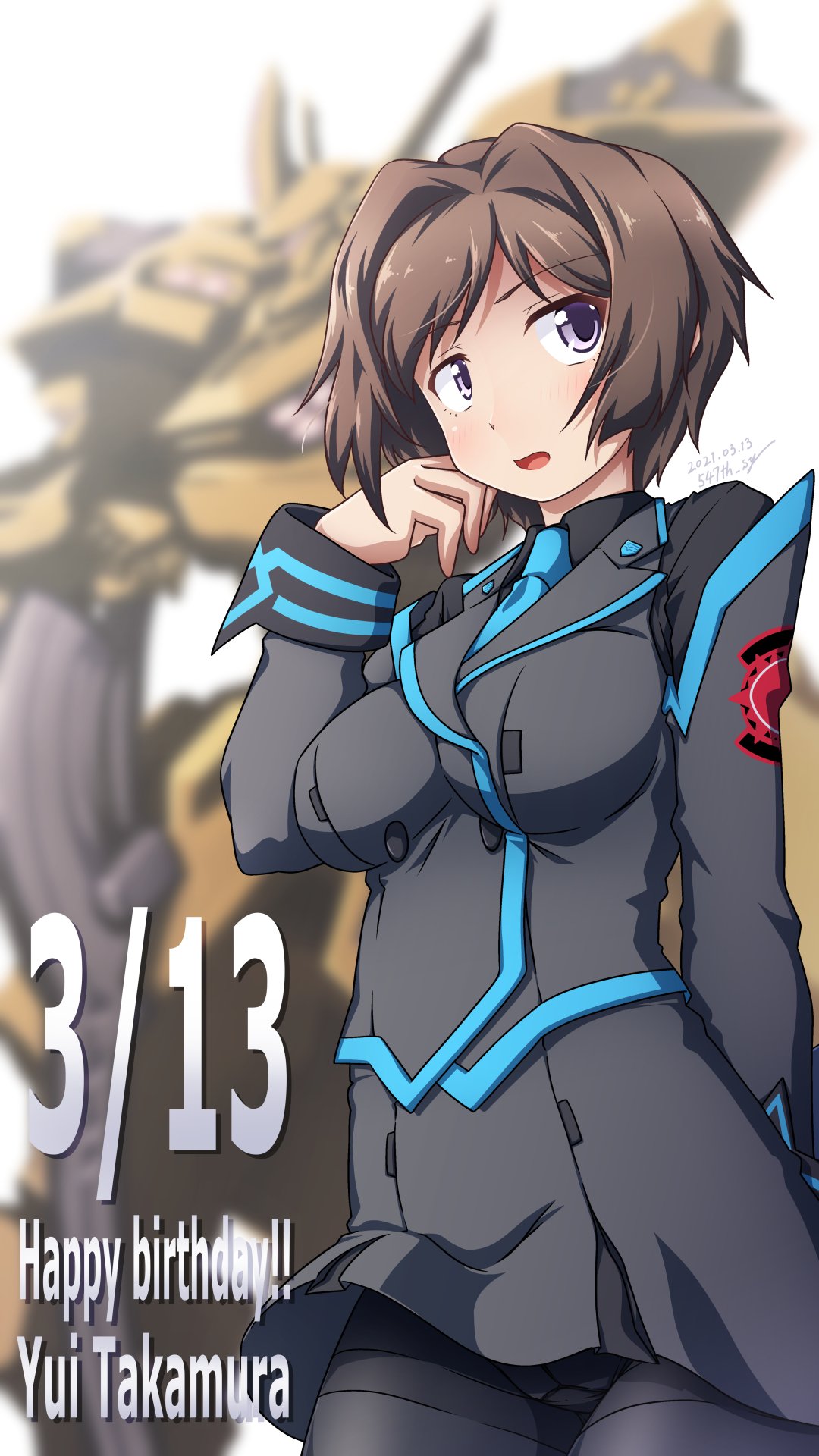 1girl 547th_sy black_legwear black_shirt blue_necktie blurry blurry_background blush breasts character_name collared_shirt dated grey_skirt happy_birthday highres looking_to_the_side mecha medium_breasts military military_uniform muvluv muvluv_alternative muvluv_total_eclipse necktie open_mouth pantyhose shirt skirt solo tactical_surface_fighter takamura_yui takemikazuchi_(muvluv) uniform violet_eyes visor