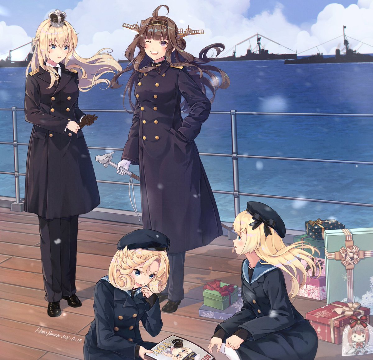 4girls ahoge alternate_costume ark_royal_(kancolle) battleship black_coat black_footwear black_headwear black_pants blonde_hair blue_eyes blue_sky box brown_gloves brown_hair cane character_doll clouds coat crown day detached_sleeves double_bun gift gift_box gloves hat headgear himeyamato holding holding_cane janus_(kancolle) jervis_(kancolle) kantai_collection kongou_(kancolle) long_hair long_sleeves medium_hair military military_vehicle mini_crown multiple_girls ocean one_eye_closed pants remodel_(kantai_collection) sailor_hat ship shoes sky snowing violet_eyes warship warspite_(kancolle) watercraft white_gloves