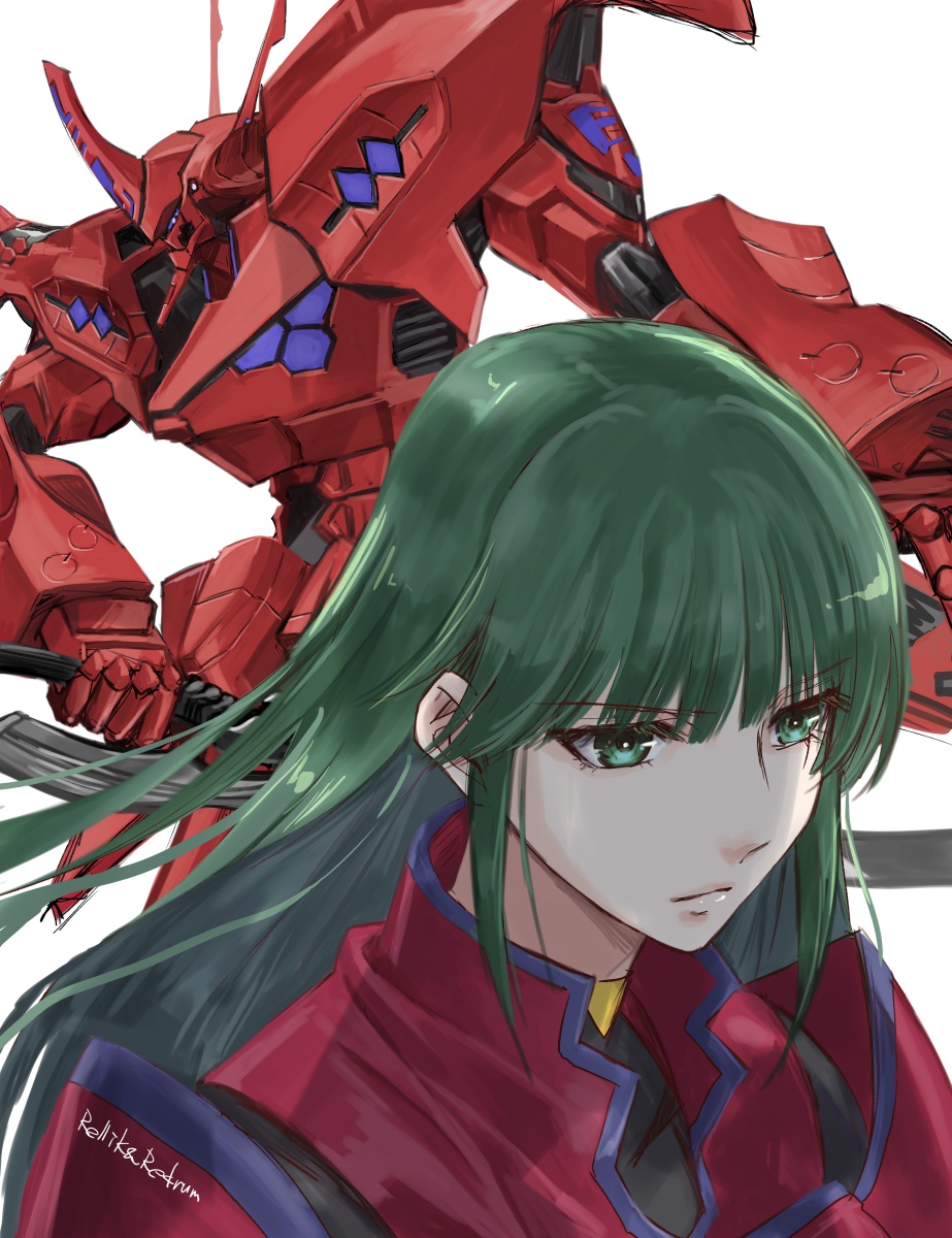 1girl expressionless eyebrows_visible_through_hair from_above green_eyes green_hair hair_behind_ear highres jacket juliet_sleeves jun_(rellik_&amp;_redrum) long_sleeves looking_ahead looking_at_viewer mecha military military_uniform muvluv muvluv_alternative muvluv_alternative_(anime) open_hand portrait puffy_sleeves red_jacket science_fiction tactical_surface_fighter takemikazuchi_(muvluv) tsukuyomi_mana uniform violet_eyes white_background