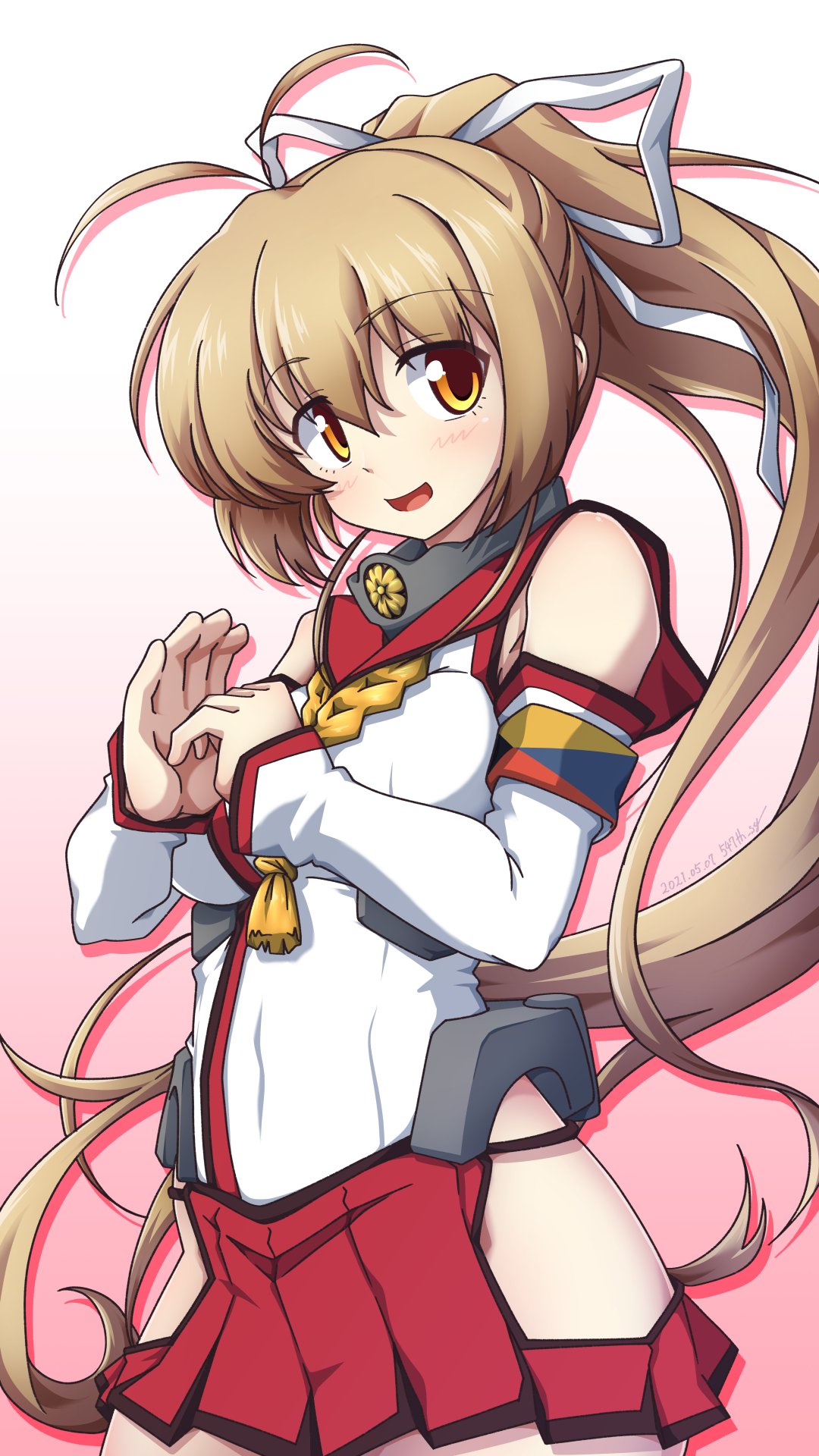 1girl 547th_sy antenna_hair bangs blush cosplay dated detached_sleeves gradient gradient_background hair_between_eyes hair_ribbon highres hip_vent kantai_collection katia_waldheim light_brown_hair long_hair muvluv muvluv_alternative no_panties open_mouth pleated_skirt red_skirt ribbon rope_around_neck schwarzesmarken simple_background skirt solo textless twitter_username very_long_hair yamato_(kancolle) yamato_(kancolle)_(cosplay) yellow_eyes