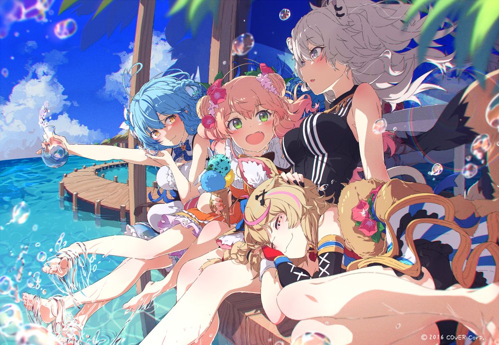 4girls :3 :d ahoge animal_ears asymmetrical_hair bare_legs barefoot bike_shorts black_hair black_nails black_shirt blonde_hair blue_bow blue_bowtie blue_sky blush bow bowtie braid breasts closed_eyes closed_mouth clouds cloudy_sky club_hair_ornament comiket_99 commentary detached_sleeves double_bun dress ear_piercing eyebrows_visible_through_hair facepaint fang feet_out_of_frame floating_hair flower food fox_ears fox_girl fox_tail french_braid frilled_shirt frills full_body gloves gold_trim green_eyes grey_eyes hair_between_eyes hair_flower hair_ornament hand_on_another's_head heart_ahoge holding holding_food hololive ice_cream ice_cream_cone jewelry lap_pillow lens_flare light_blue_hair lion_ears long_hair looking_at_another lying medium_breasts momosuzu_nene multicolored_hair multiple_girls nail_polish necklace ocean official_art ogipote omaru_polka on_side open_mouth orange_dress outstretched_arm palm_tree pier piercing pink_hair plaid plaid_bow plaid_bowtie pointy_ears red_gloves shirt shishiro_botan short_shorts shorts shorts_under_skirt silver_hair single_braid single_sleeve sitting skirt sky sleeveless sleeveless_shirt smile spade_hair_ornament splashing streaked_hair striped striped_skirt tail tree twin_braids twintails vertical_stripes vial virtual_youtuber water_drop watermark white_shirt wind wind_lift wrist_cuffs yellow_eyes yukihana_lamy