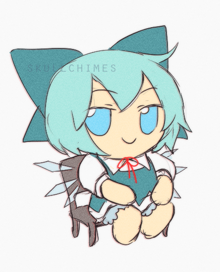 1girl ahoge bangs bloomers blue_bow blue_dress blue_eyes blue_hair blue_ribbon blue_wings bow chair character_doll chibi cirno closed_mouth collar collared_shirt dress english_commentary frilled_panties frills full_body fumo_(doll) hair_bow hair_ribbon hands_on_own_knees ice ice_wings looking_at_viewer multicolored_clothes multicolored_dress neck_ribbon panties pinafore_dress puffy_short_sleeves puffy_sleeves red_ribbon ribbon shirt short_hair short_sleeves simple_background sitting skullchimes sleeves smile solo touhou twitter_username underwear white_background white_collar white_shirt wings