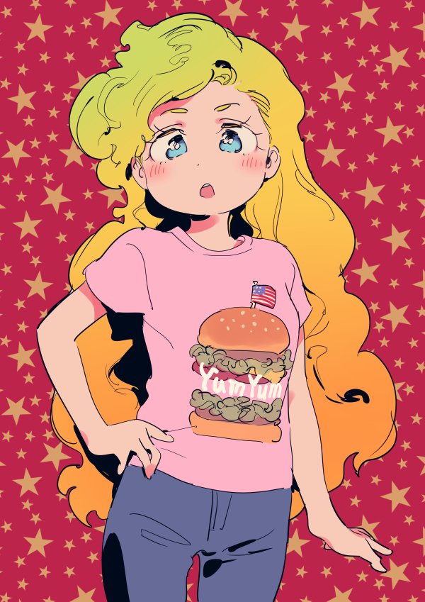 1girl american_flag american_flag_print be_(ronironibebe) bebe_stevens blonde_hair blue_eyes blush burger flag_print food food_print long_hair open_mouth shirt solo south_park starry_background t-shirt wavy_hair