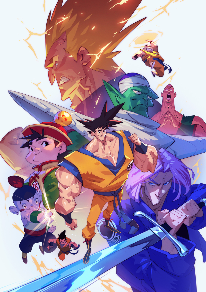 black_eyes black_hair blonde_hair blue_eyes chaozu colored_skin dragon_ball dragon_ball_z green_skin hat highres kuririn max_grecke multiple_boys piccolo purple_hair son_gohan son_goku sword tenshinhan trunks_(dragon_ball) vegeta weapon yamcha