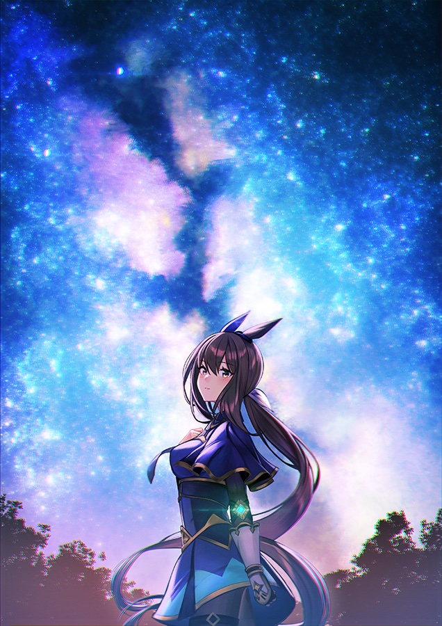 1girl admire_vega_(umamusume) animal_ears arm_at_side bangs black_legwear blue_dress breasts brown_hair capelet cowboy_shot dress from_side galaxy gloves glowing hand_on_own_chest horse_ears horse_girl horse_tail long_hair looking_at_viewer looking_to_the_side medium_breasts ponytail solo tail thigh_strap tree umamusume unowen white_gloves