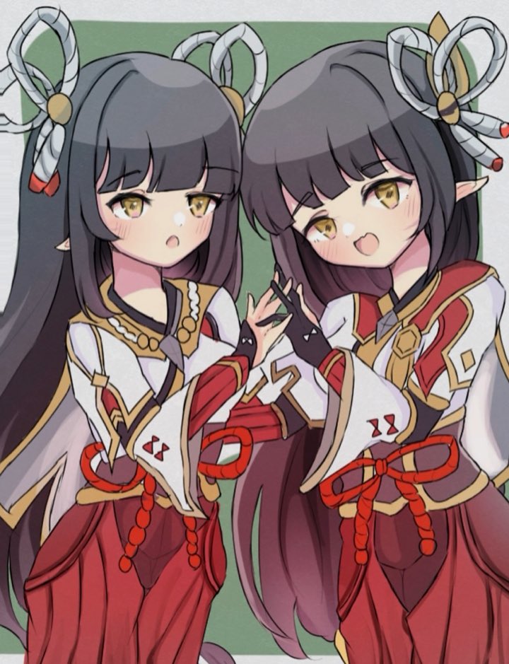 2girls bangs black_gloves black_hair blunt_bangs blush breasts closed_mouth commentary eyebrows_visible_through_hair eyeshadow gloves gold_trim grey_background hair_ornament hinoa holding_hands interlocked_fingers japanese_clothes large_breasts long_hair looking_at_viewer makeup medium_breasts minoto monster_hunter_(series) monster_hunter_rise multiple_girls parted_lips pointy_ears red_eyeshadow ruko_1215 siblings sidelocks simple_background sisters smile straight_hair tassel tsurime twins wide_sleeves yellow_eyes