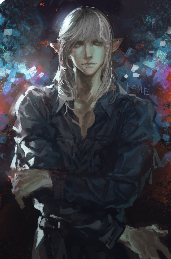 1boy black_pants blue_shirt collared_shirt cowboy_shot elezen elf estinien_varlineau final_fantasy final_fantasy_xiv frischenq grey_eyes hand_on_own_arm long_hair looking_to_the_side male_focus pants pointy_ears shirt signature silver_hair solo standing