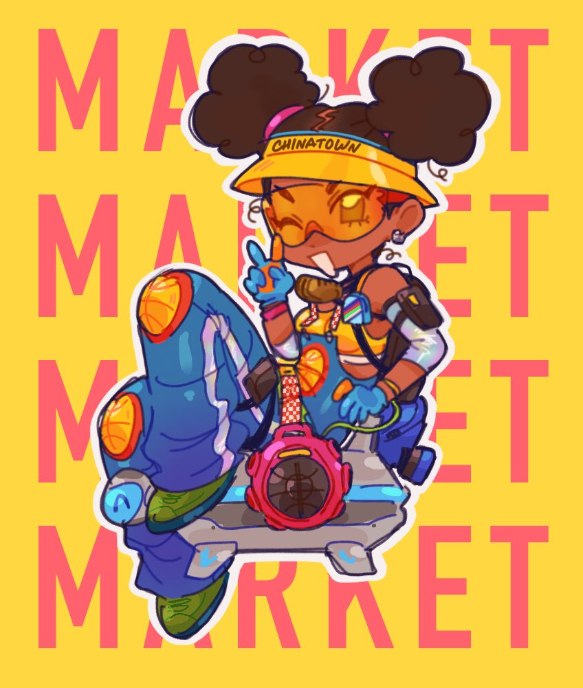 1girl abi_(superson1co) apex_legends black_hair bucket_hat cable chibi detached_sleeves double_bun drone earrings english_commentary hat jewelry lifeline_(apex_legends) mic_check_lifeline one_eye_closed sitting smile solo sports_bra v yellow_headwear yellow_sports_bra