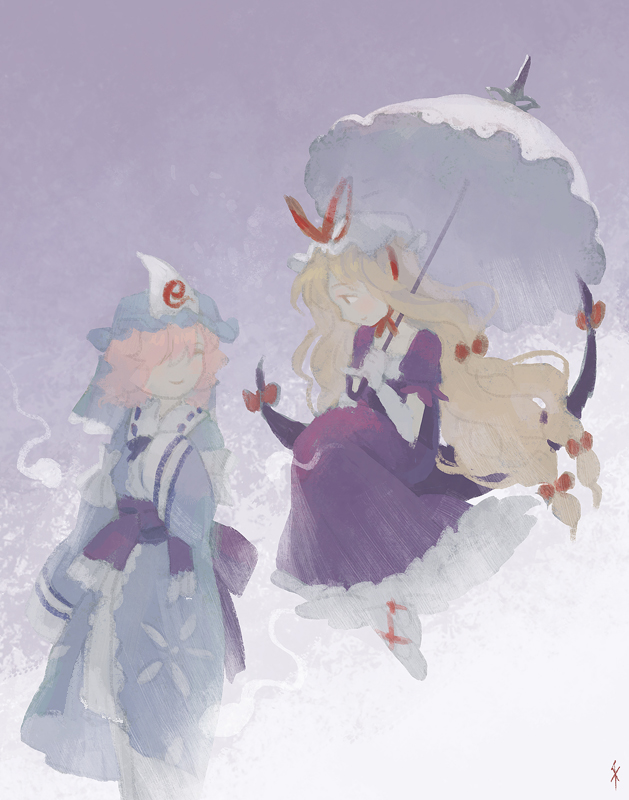 2girls ^_^ bangs blonde_hair blue_headwear blue_kimono bow chin_strap closed_eyes closed_mouth cross-laced_footwear dress elbow_gloves facing_viewer feet_out_of_frame floating_hair floral_print frilled_kimono frilled_sleeves frills from_side full_body gap_(touhou) gloves gradient gradient_background hair_bow hair_over_one_eye hair_ribbon hand_up hat hat_ribbon hitodama holding holding_umbrella japanese_clothes kimono lavender_background light_brown_eyes long_dress long_hair long_sleeves looking_at_another looking_away mob_cap multiple_girls no_lineart no_nose obi one_eye_covered parasol petticoat profile puffy_short_sleeves puffy_sleeves purple_background purple_dress purple_sash red_bow red_ribbon ribbon ribbon_trim saigyouji_yuyuko sash seeker short_sleeves sideways_mouth signature sitting sleeves_past_fingers sleeves_past_wrists smile standing swept_bangs touhou tress_ribbon triangular_headpiece two-tone_background umbrella veil very_long_hair wavy_hair white_footwear white_gloves white_headwear white_umbrella wide_sleeves yakumo_yukari