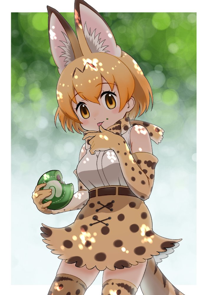 1girl animal_ears bare_shoulders blonde_hair bow bowtie cat_ears cat_girl cat_tail cowboy_shot eating elbow_gloves extra_ears eyebrows_visible_through_hair food frilled_skirt frills gloves high-waist_skirt hoshino_mitsuki japari_bun japari_symbol kemono_friends kemono_friends_3 licking licking_finger print_bow print_bowtie print_gloves print_legwear print_skirt serval_(kemono_friends) serval_print shirt short_hair skirt sleeveless solo tail thigh-highs white_shirt yellow_eyes zettai_ryouiki