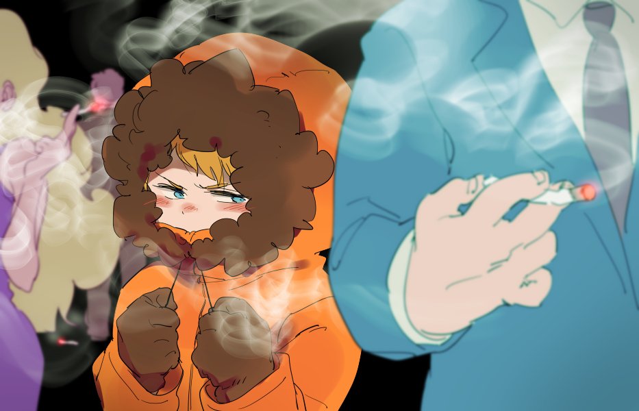 1boy be_(ronironibebe) blue_eyes cigarette gloves holding holding_cigarette hood hood_up kenny_mccormick parka smoke smoking solo_focus south_park