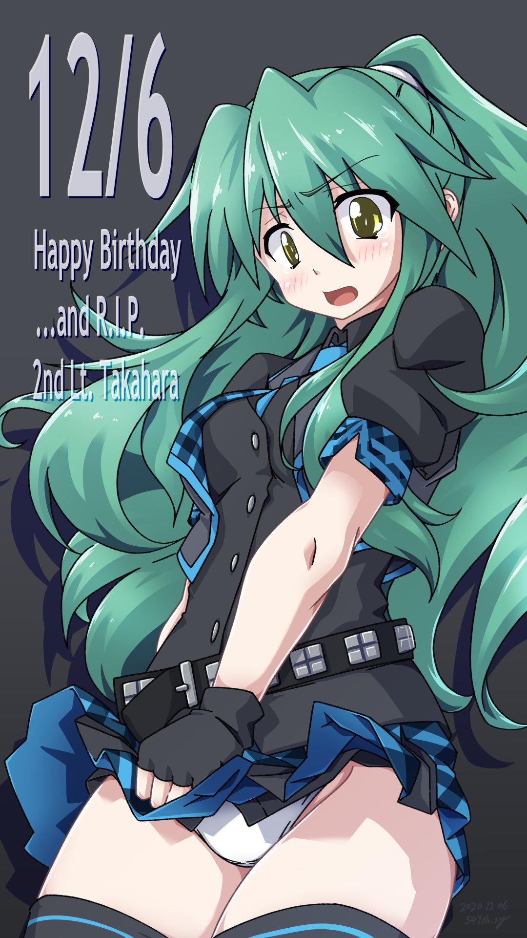 1girl 547th_sy bangs black_shirt black_skirt black_vest blue_necktie breasts character_name collared_shirt embarrassed green_eyes green_hair happy_birthday highres idol_clothes long_hair looking_down medium_breasts muvluv muvluv_alternative muvluv_alternative_chronicles_03 necktie panties ponytail rest_in_peace_(phrase) shirt skirt solo takahara_moeka thigh-highs underwear vest white_panties