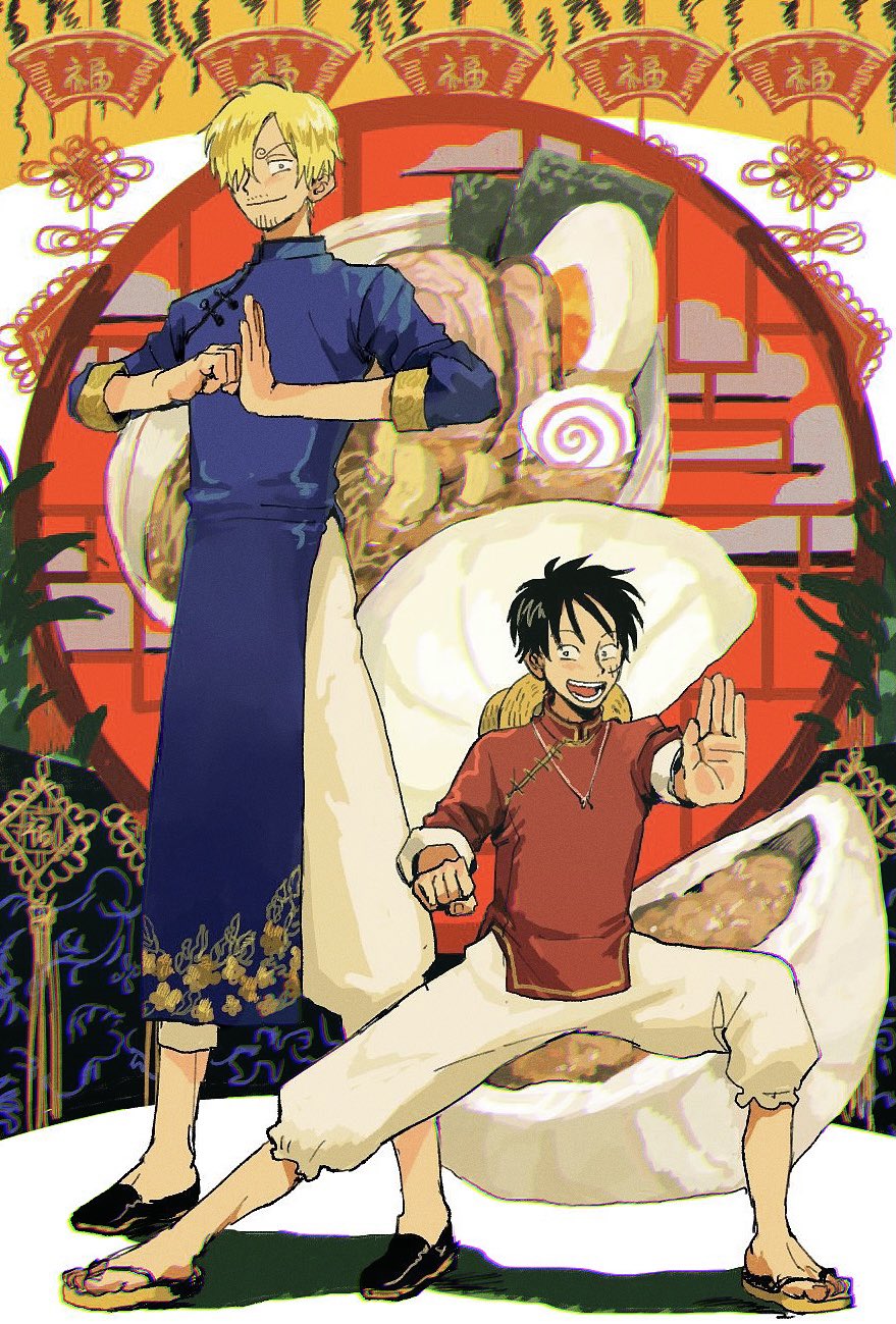 2boys :d baozi black_hair blonde_hair chinese_clothes clenched_hand fighting_stance fist_in_hand food hair_over_one_eye highres male_focus multiple_boys noodles one_piece ramen round_window smile window yashi_vv