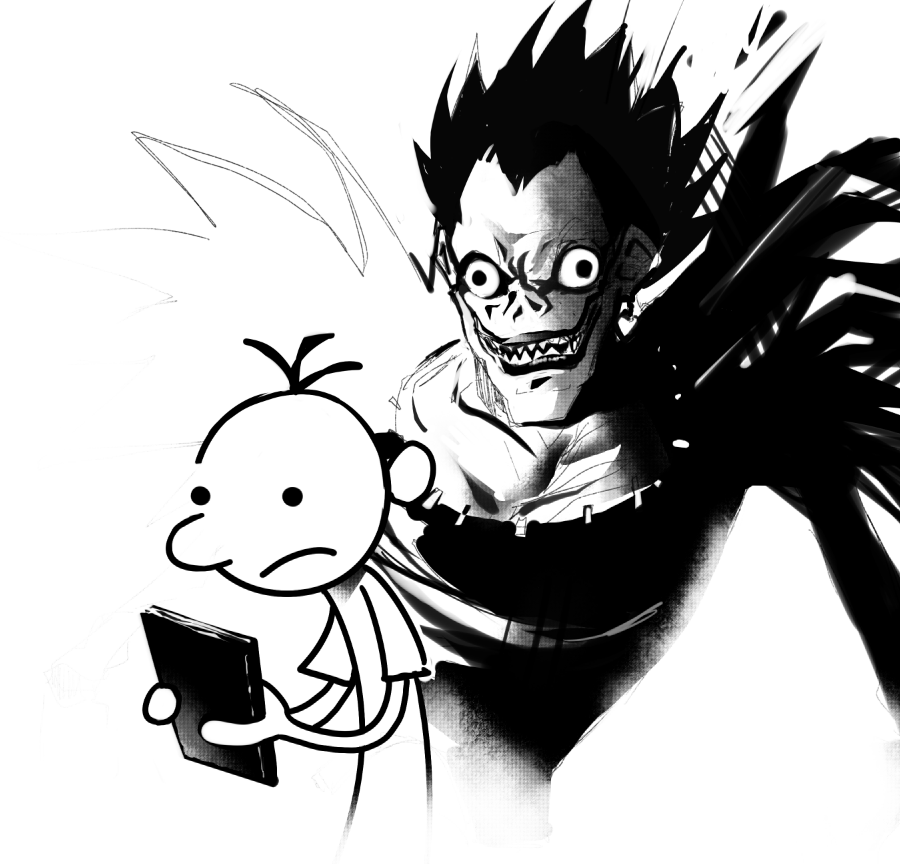 2boys book collarbone crossover death_note death_note_(object) diary_of_a_wimpy_kid english_commentary figburn greg_heffley greyscale holding holding_book male_focus monochrome multiple_boys ryuk sharp_teeth shinigami smile teeth white_background widow's_peak