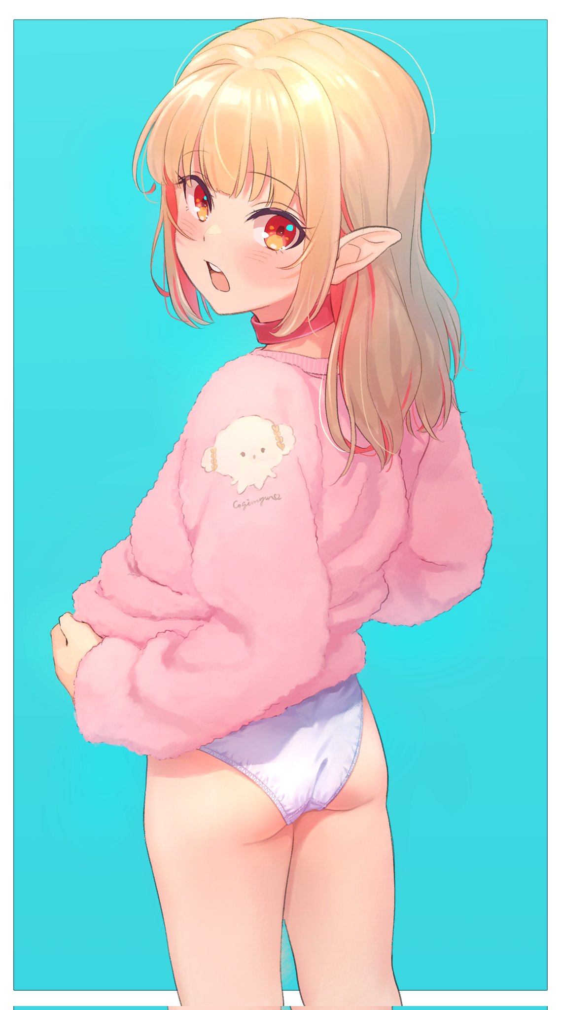 1girl ass bangs blonde_hair blue_background blush collar commentary error eyebrows_visible_through_hair from_behind highres long_hair looking_at_viewer looking_back makaino_ririmu nijisanji no_pants open_mouth panties pink_sweater pointy_ears red_collar red_eyes sabamen simple_background solo sweater underwear white_panties