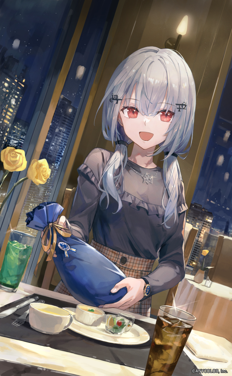 1girl bangs breasts brown_skirt cup dress drink drinking_glass eyebrows_visible_through_hair flower food fork frilled_dress frills grey_dress hair_between_eyes hair_ornament hair_over_shoulder hakase_fuyuki high-waist_skirt highres holding ice ice_cube indoors knife kobuta long_hair low_twintails night nijisanji plate red_eyes rose skirt small_breasts solo twintails virtual_youtuber watch watch watermark window yellow_flower yellow_rose