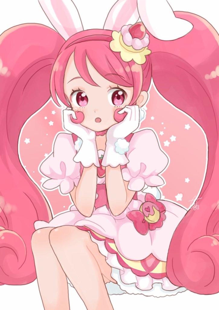 1girl :o animal_ears anko_maccha bow cake_hair_ornament cowboy_shot cure_whip dot_nose dress extra_ears food-themed_hair_ornament gloves hair_ornament hairband invisible_chair kirakira_precure_a_la_mode long_hair looking_at_viewer magical_girl open_mouth pink_background pink_bow pink_eyes pink_hair pouch precure puffy_sleeves rabbit_ears red_hairband signature sitting solo star_(symbol) usami_ichika white_dress white_gloves