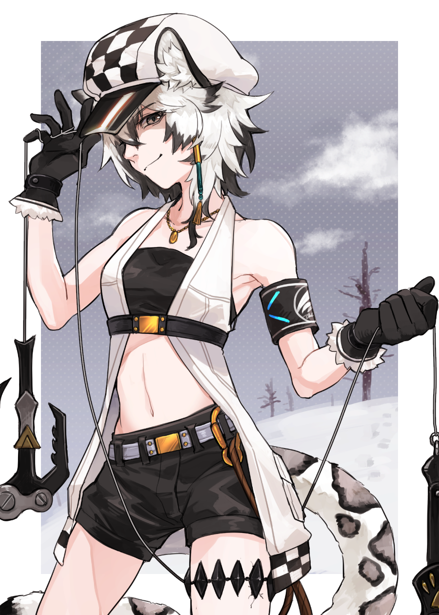 1girl animal_ear_fluff animal_ears arknights armband armpits bangs bare_shoulders bare_tree black_bandeau black_gloves black_hair black_shorts breasts cabbie_hat checkered_clothes checkered_headwear cliffheart_(arknights) closed_mouth clouds collarbone commentary_request cowboy_shot eyebrows_visible_through_hair gloves grappling_hook grey_eyes grey_sky hair_between_eyes hands_up hat highres holding holding_rope jewelry leopard_ears leopard_girl leopard_tail looking_at_viewer midriff multicolored_hair navel necklace oripathy_lesion_(arknights) partial_commentary rope short_hair short_shorts shorts sidelocks sleeveless_duster small_breasts smile snow solo standing tail tree two-tone_hair underbust white_background white_hair white_headwear yotamaru