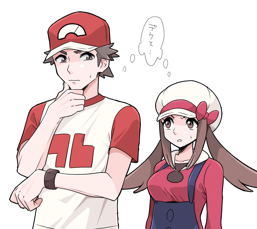 1boy 1girl alternate_hair_length alternate_hairstyle baseball_cap brown_eyes brown_hair chin_stroking closed_mouth commentary_request eye_contact hat long_hair looking_at_another lyra_(pokemon) overalls pokemon pokemon_(game) pokemon_hgss pokemon_sm pumpkinpan red_(pokemon) red_headwear red_shirt shirt short_hair short_sleeves sidelocks spiky_hair sweatdrop t-shirt thought_bubble translation_request twintails white_background white_headwear