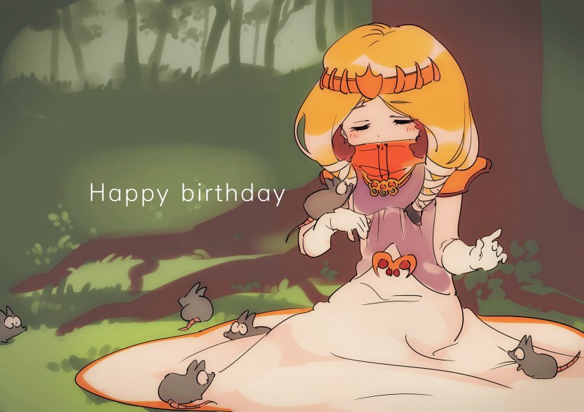 1boy be_(ronironibebe) blonde_hair closed_eyes crossdressing dress gloves hood hood_up kenny_mccormick nature otoko_no_ko outdoors parka rat sitting south_park south_park:_the_stick_of_truth tiara tree wig