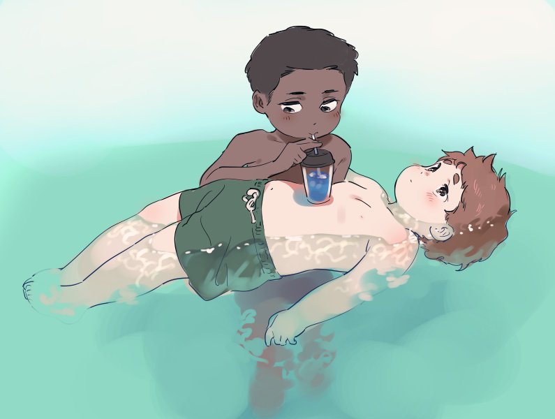 2boys afloat be_(ronironibebe) black_hair brown_hair clyde_donovan cup dark-skinned_male dark_skin disposable_cup drinking drinking_straw holding male_focus male_swimwear multiple_boys partially_submerged plump short_hair south_park swim_trunks swimsuit token_black water