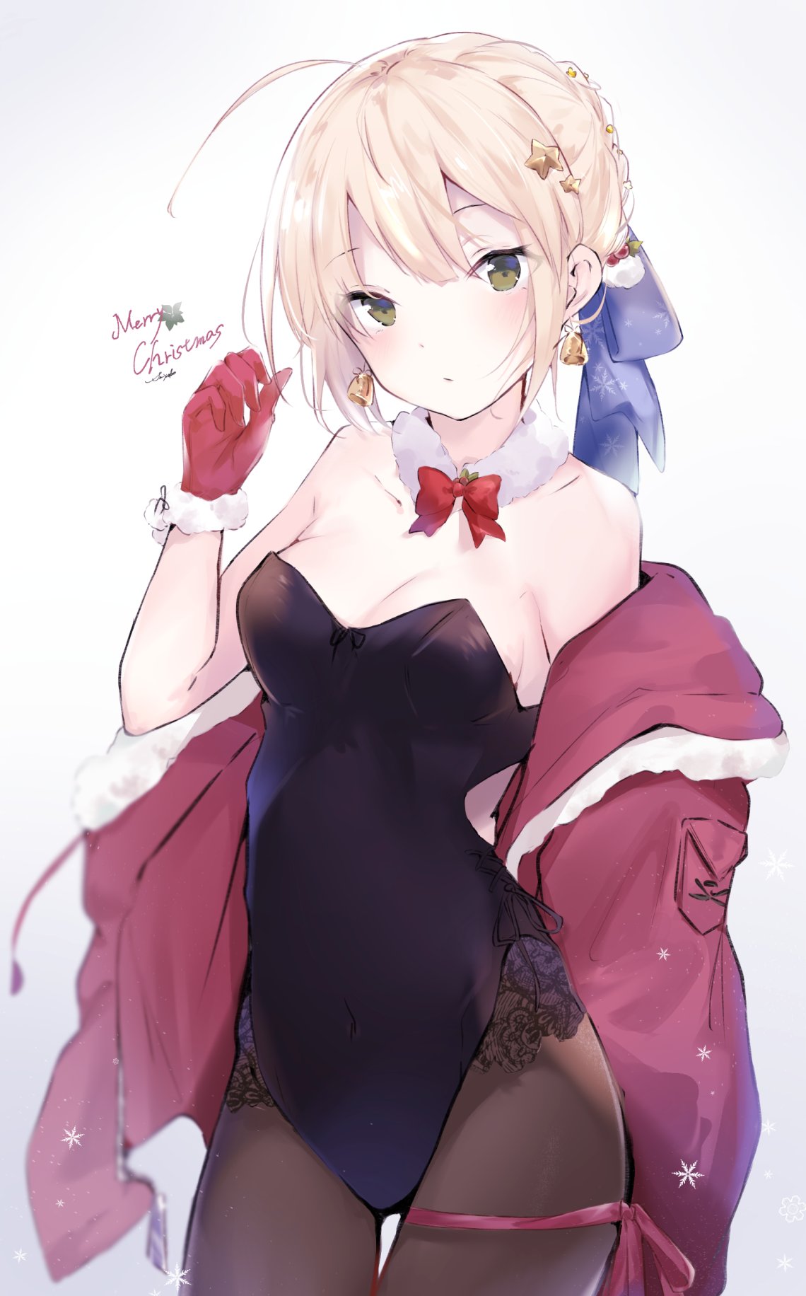 1girl ahoge artoria_pendragon_(fate) bangs bell bell_earrings black_legwear black_leotard blonde_hair blue_bow bow bowtie braid braided_bun breasts christmas closed_mouth commentary cowboy_shot cursive detached_collar earrings english_text fate/grand_order fate_(series) fur_collar gloves green_eyes grey_background hair_bow hair_ornament highres holly_hair_ornament jacket jewelry leotard light_frown looking_at_viewer medium_breasts merry_christmas off_shoulder open_clothes open_jacket pantyhose playboy_bunny red_gloves red_jacket red_ribbon ribbon saber sai_(saipoko) santa_gloves short_hair simple_background snowflakes solo standing star_(symbol) star_hair_ornament strapless strapless_leotard thigh_gap thigh_ribbon